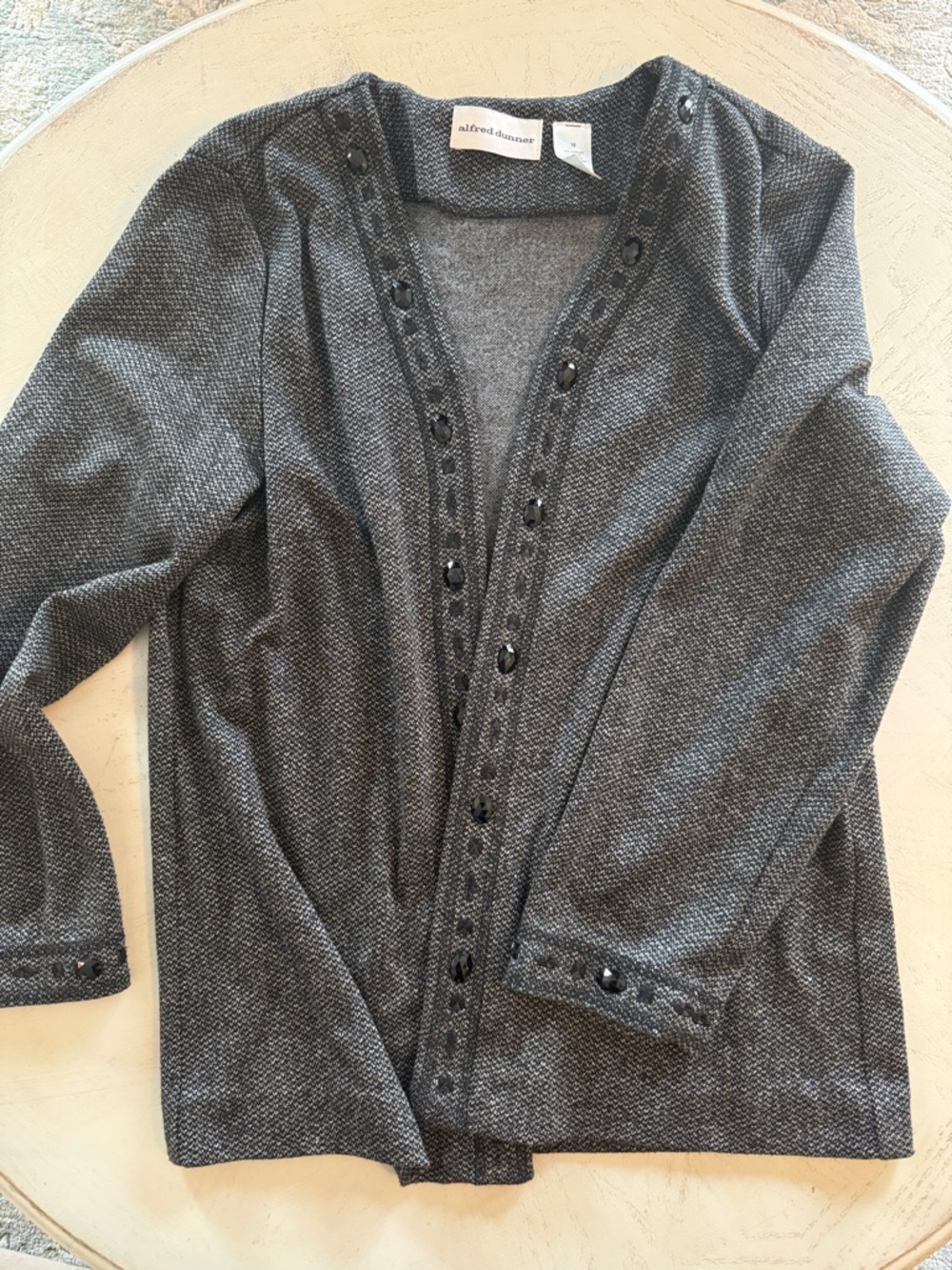 Alfred Dunner Charcoal Gray Open-Front Cardigan with Embellished Bead Trim - 10